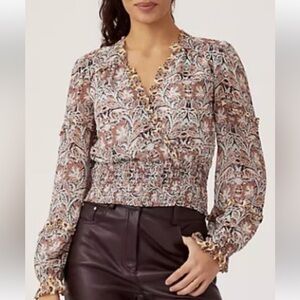 Anthropologie Paisley Print Faux Wrap Smocked‎ Top small boho workwear layered
